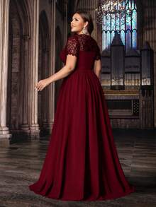 QOQ 高贵大码女士正式礼服优雅晚礼服派对礼服，适合生日派对、晚宴、婚礼宾客，蕾丝泡泡袖雪纺礼服，情人节 - 酒紅色 - 查看 2