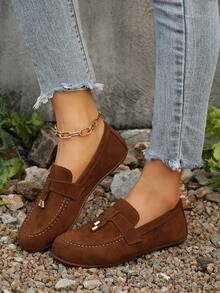 女士金属扣装饰软底休闲绒面平底鞋，春秋季，乐福鞋 - 棕色 - 查看 4