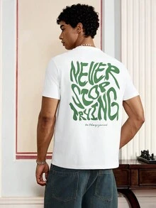 男士圆领针织休闲T恤，带标语印花，夏季，街头风格 - 白色 - 查看 3