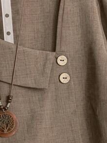 大码女式纯色不对称领时尚卷袖长袖衬衫，配系带，适合所有季节，春季款 - 卡其色 - 查看 3