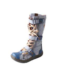 1 PairTMA EYES Women's Flat Bottom Padded Warm Thigh High Boots PU Leather Casual Side Zip Women's Boots - 藍色 - 查看 3