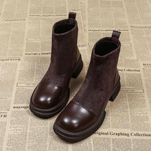 时尚秋冬新款针织拼接踝靴，时尚踝靴，修身靴，女士靴子 - 棕色 - 查看 2