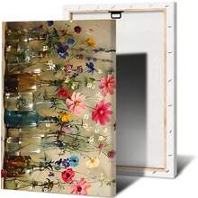 Arte de lienzo floral vibrante con tarros Mason - Sala de estar, decoración de pared moderna opcional para dormitorio u oficina en casa - Diseño de ramo colorido en azul, rosa, amarillo y morado - Regalo ideal de inauguración de casa, decoración del hogar