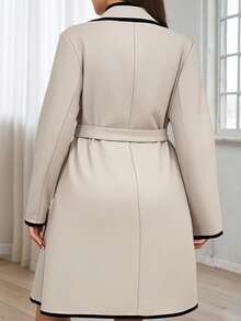 Abrigo midi con bloques de color para mujer talla grande, con diseño de cinturón de color contrastante, chaqueta cruzada, adecuado para uso casual al aire libre y para ir a la oficina, otoño/invierno