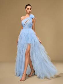 Váy dài bằng vải lưới maxi cổ lệch không tay thanh lịch, có chi tiết viền xếp nếp xẻ tà, thích hợp mặc dự tiệc quyến rũ cho nữ - Màu xanh nhạt - Xem 1