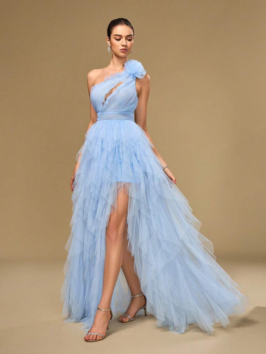 Váy dài bằng vải lưới maxi cổ lệch không tay thanh lịch, có chi tiết viền xếp nếp xẻ tà, thích hợp mặc dự tiệc quyến rũ cho nữ - Màu xanh nhạt - Xem 1