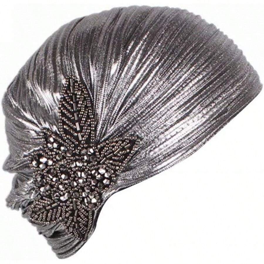 Women's Leaves Beaded Flower Ruffle Turban Hat Glitter Twist Pleated Hair Wrap Stretch Turban Vintage Headwear