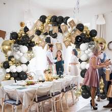 112件套黑金气球拱门套装 - 18/10/5英寸金色、白色和黑色亮片气球，适用于男孩、女孩、儿童生日、迎婴派对、性别揭晓派对、婚礼、房间装饰、派对装饰、新年派对装饰 - 黑白金 - 查看 4
