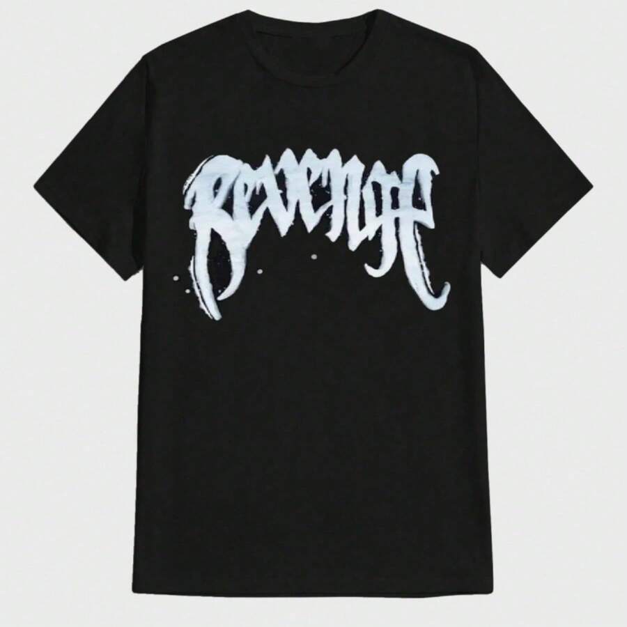 Minimalist, Payeah Revenge "CHAIN" Graphic T-Shirt, 100% Cotton, Casual Crew Neck Tee, Regular Fit, With Geometric Applique, For Adults, All-Season Knit Fabric Top Men's Summer Round Neck Short Sleeved Casual Cotton Print Loose Round Neck Short Sleeve T-Shirt - 黑色 - 查看 1