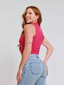 Kit With 3 Cropped High Neck Ribbed Women's Blogger Blouses - đen/hồng/trắng - Xem 3