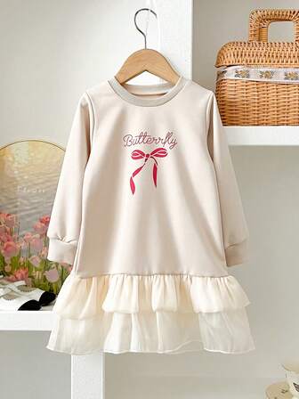 Humor Bear Vestido de manga larga con estampado de letras y lazos de organza, estilo princesa, para niñas, casual y de moda, para verano