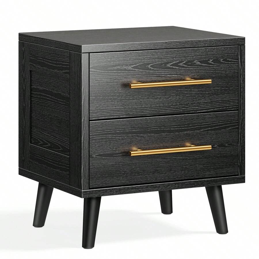 Mesita de Noche, mesita de Noche con 2 cajones, mesita de Noche Moderna con Asas de Metal, Mesa Auxiliar de sofá para Dormitorio, Sala de Estar(Negro) - Negro - Ver 1