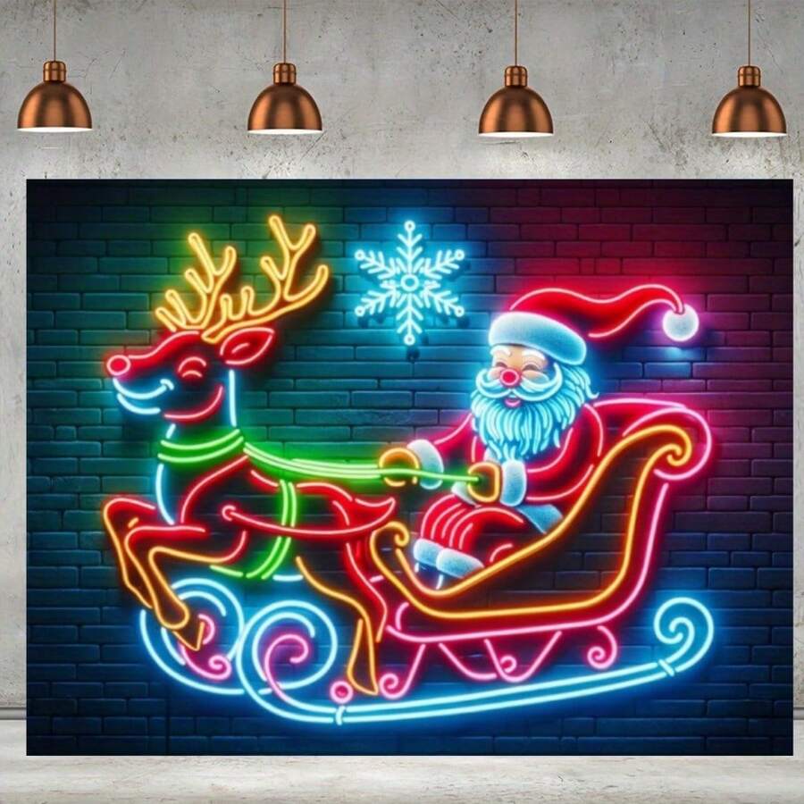 1 pièce Bannière de traîneau du Père Noël et des rennes au néon, décoration de fête vive, convient pour le salon, la chambre à coucher, le bureau - polyester durable, décoration polyvalente pour fête et baptême, rehausseur d'ambiance de Noël, décoration de Noël