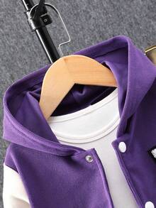 2pcs/Set Young Girl' Hooded A-Line Zip-Up Hoodie + Contrast Color Pants Casual Outfit