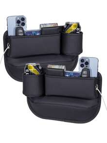 汽车皮革杯架间隙袋、座椅间隙储物盒、可调节汽车座椅储物盒、可调节汽车座椅间隙储物盒皮革带杯架，可放置手机、眼镜、钥匙卡（黑色。驾驶员 - 乘客）