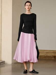 Women's Elegant Commuter Minimalist Solid Color Skirt Pink Spring - Pink - View 5