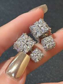 2pcs Elegant Square Cubic Zirconia Stud Earrings, Fashionable Four-Leaf Clover Design, Wedding Party Dress Earrings, Delicate Gift - Multicolor - View 2