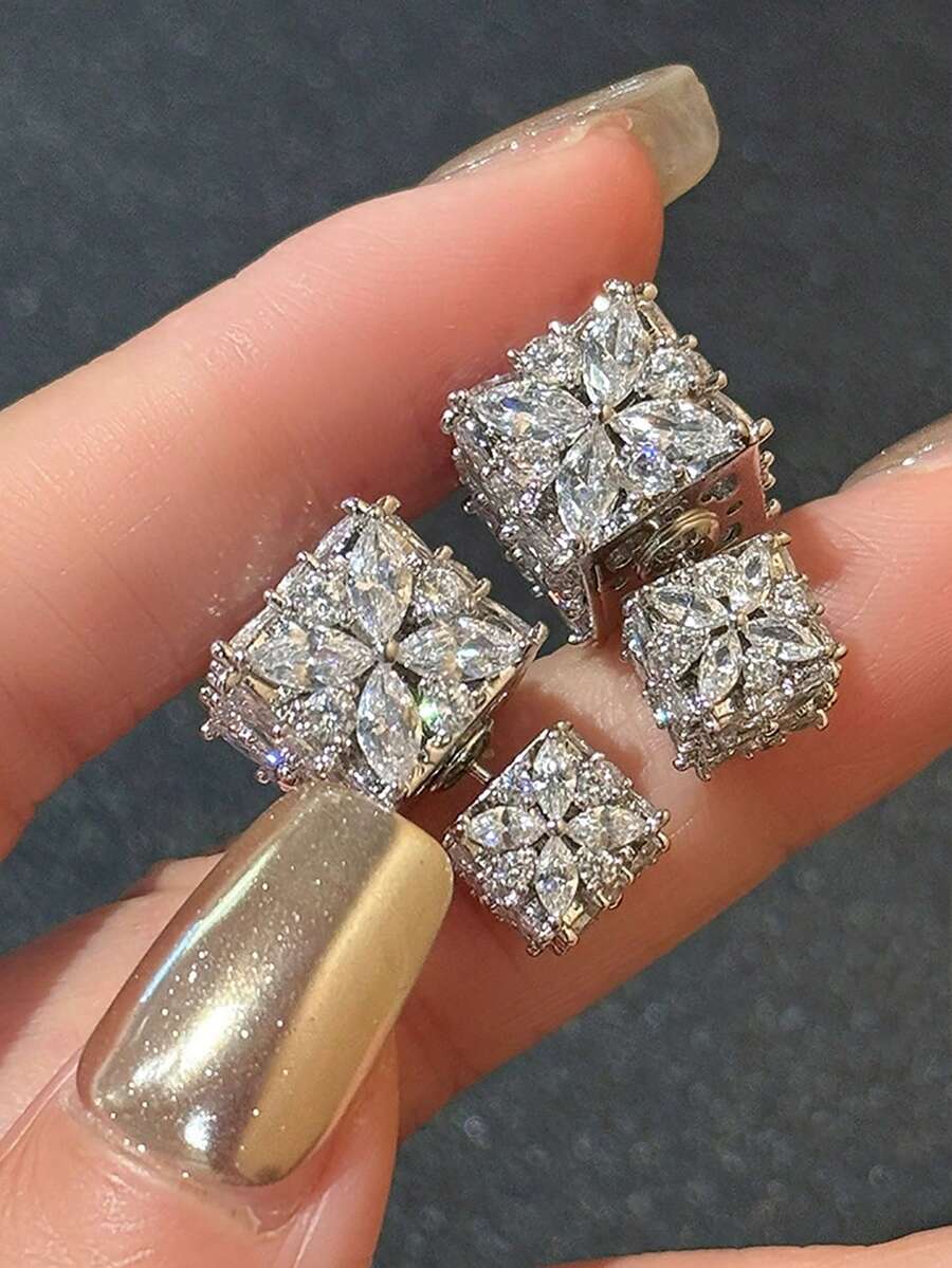 2pcs Elegant Square Cubic Zirconia Stud Earrings, Fashionable Four-Leaf Clover Design, Wedding Party Dress Earrings, Delicate Gift