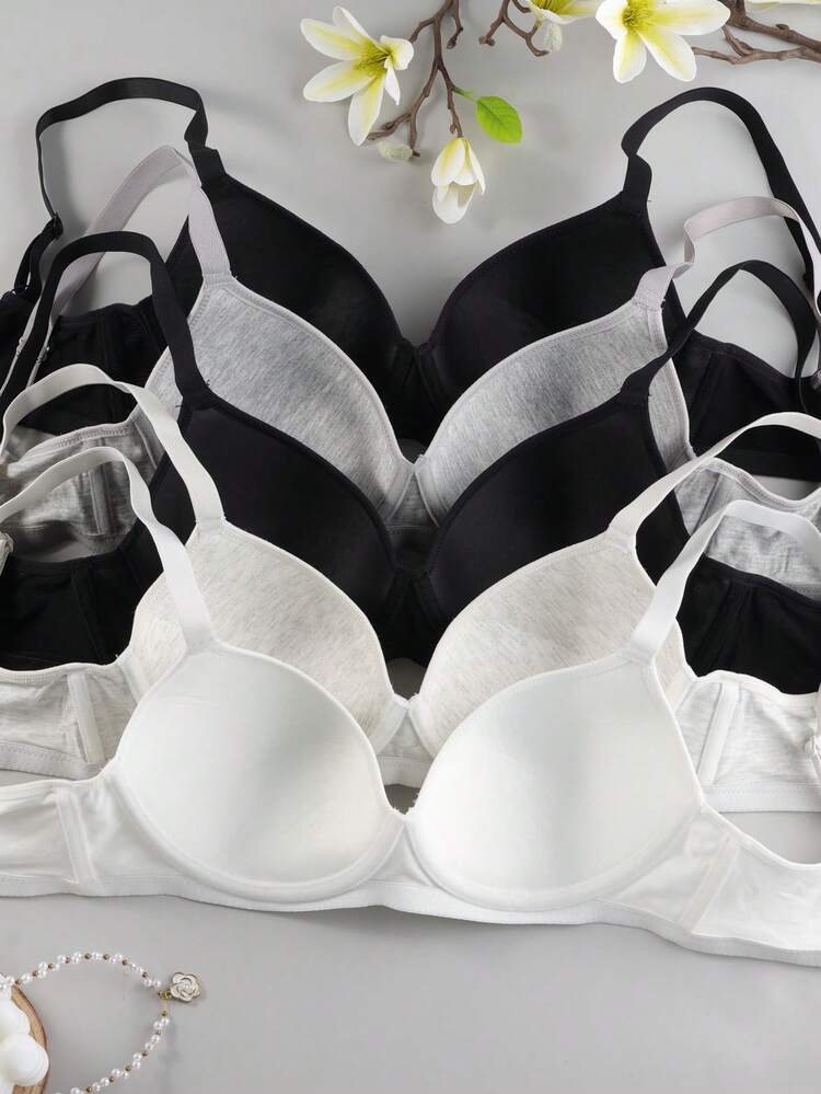 Set de 5 sujetadores con aros de unicolor, sujetadores push-up sexy y cómodos - sin relleno, con tirantes ajustables - Multicolor - Añade 2