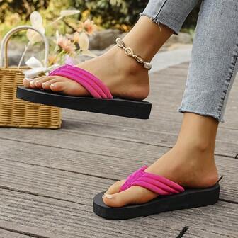 Colorful Thick-Sole Flip Flops, Lightweight Solid Color Beach Thong Sandals