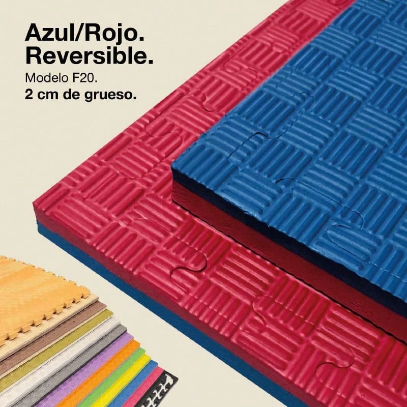 JOWY Tatami Puzzle 1x1m 2cm - Esterilla Gimnasio Puzzle | Goma EVA Reversible Varios Modelos y Colores | Esterilla Antideslizante para Artes Marciales, Fitness, Piscina, Juegos Infantiles y Suelo Tatami Japonés | Protege, Aísla y Decora | Entrega en 48-72h - Azul/Rojo - Ver 1