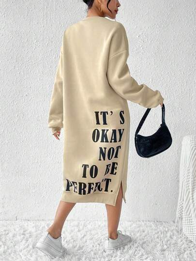 This Medium-Thick Fashionable Sweatshirt Dress Is Popular In Spring And Summer Seasons. It Features A Letter Graphic Print On The Back, Side Slits, A Loose-Fitting Silhouette, Long Sleeves, And A Knee-Length Hem, Making It Suitable For Year-Round Wear. The "IT'S OKAY NOT TO BE PERFECT" Letter Graphic Print Is Designed For Spring And Autumn, Making It An Ideal Choice For Casual Outings, Shopping, And Dates. It Is A Must-Have Item For Valentine's Day.
