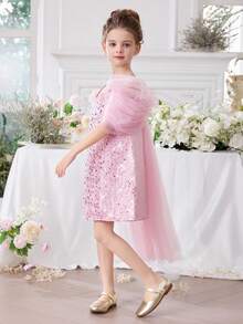 Young Girl Pink Sequin Mesh Cape Elegant Princess Dress, Suitable For Girls' Birthday Party, Banquet, Prom, Wedding Flower Girl Dress, Holiday Celebration - Pink - View 1