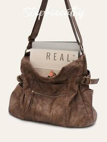 STEPHIECATHY 女士奢华休闲水洗PU皮革单肩包，多功能口袋，拉链封口，可调节长肩带，斜挎包，大容量，休闲百搭，适合通勤、日常使用、上学、购物、旅行，男女皆宜，时尚街头风，女士佳礼。 - 彩色 - 查看 4