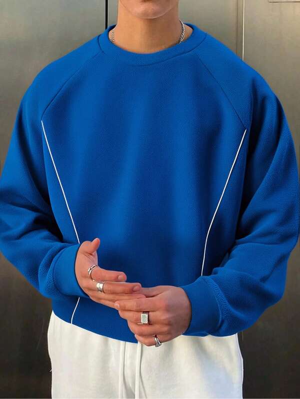 Klein blauer Fleece Loose Rundhalsausschnitt Sweatshirt für Herren, vielseitiger lässiger Thermo-Pullover für Herbst/Winter