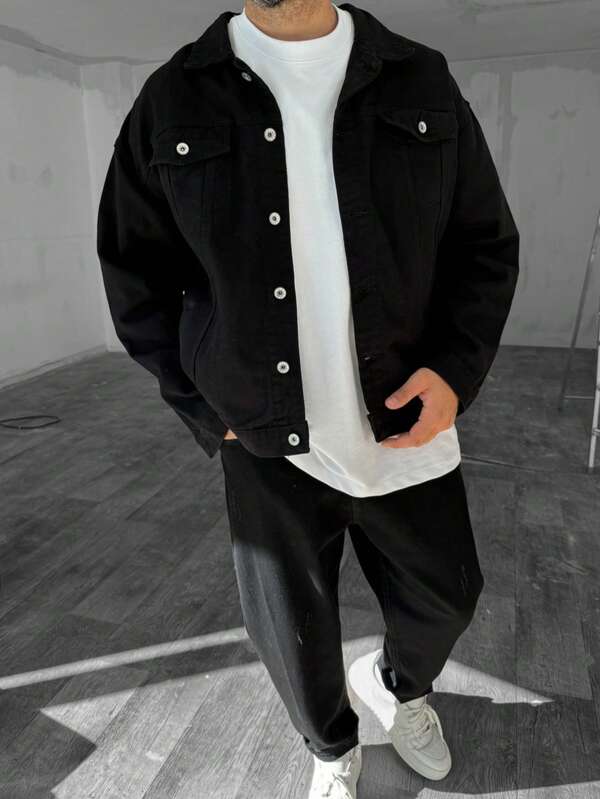 Black Casual Denim Jacket For Men, Loose Fit Streetwear Style, Spring Autumn Winter 2025 New Collection