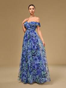 Charmantes vintage blaues Blumenprint Mesh Maxikleid, Off-Shoulder Ausschnitt und Ärmel, geeignet für formelle Anlässe, Hochzeiten, Abschlussfeiern, formelle Abendessen, Partys