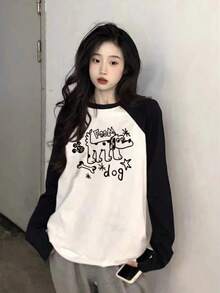 2025秋季新款女士T恤，时尚休闲宽松长袖字母狗狗印花T恤，拼色棉质街头韩版 - 白色 - 查看 11