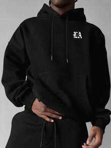 GRDR 男士哥特字体翅膀元素印花休闲宽松连帽卫衣，秋冬款 - 黑色 - 查看 5