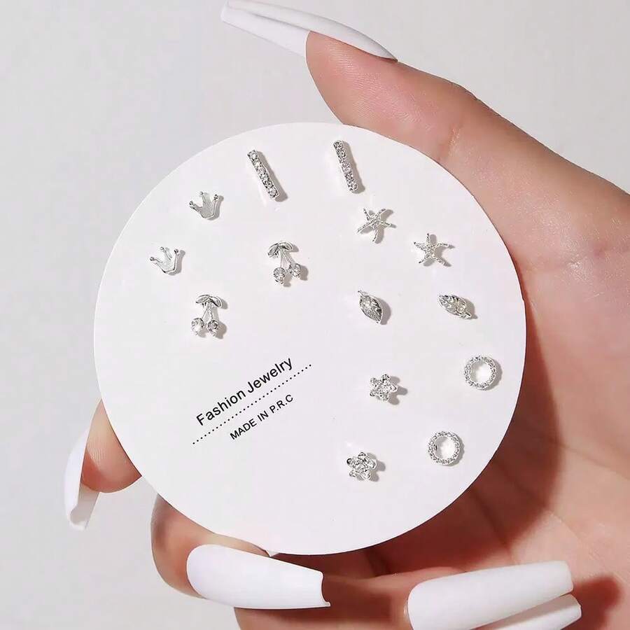 14 قطعة من أقراط الأذن المرصعة بنجوم صغيرة، ليتشي، وعناصر هندسية، مناسبة للاستخدام اليومي للنساء