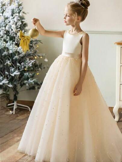 Young Girl Elegant Backless Bow Pearl Tulle Sleeveless Maxi Dress, Suitable For Flower Girl, Birthday Party, Stage Performance, Wedding, Prom, Graduation, Christmas