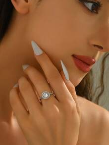 1枚铜银色经典四爪镶嵌圆形立方氧化锆开口戒指，奢华优雅简约设计，适合女性婚礼、派对、送给女友、妻子、订婚的礼物 - 鋼色 - 查看 1