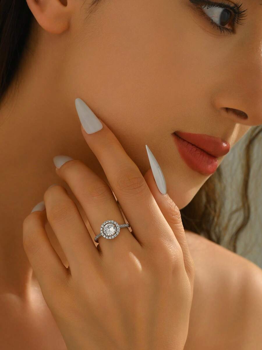 1枚铜银色经典四爪镶嵌圆形立方氧化锆开口戒指，奢华优雅简约设计，适合女性婚礼、派对、送给女友、妻子、订婚的礼物 - 鋼色 - 查看 1