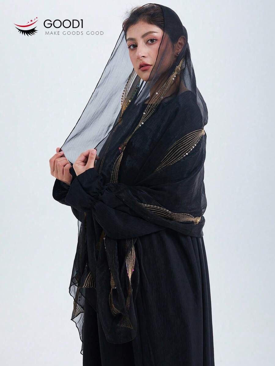 1pc Solid Color Retro Printed Shawl With Double Layer Ruffled Hem, Versatile Cloak Scarf, Stylish Wrap For Outgoings, Boho Fashion - View 1