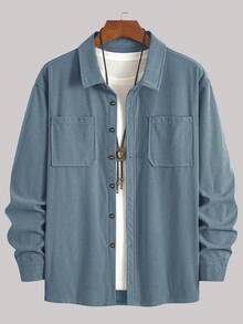 畅销轻薄灯芯绒男士休闲衬衫外套，翻领，纽扣前襟，长袖，双口袋设计，适合日常休闲、时尚简约外出、舒适居家及街头穿着，春季薄款长袖衬衫 - 霧霾藍 - 查看 3