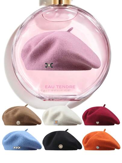 1/2 件时尚女士贝雷帽，饰有精致优雅的心形钻石镶嵌金属装饰。这款纯色羊毛优雅画家帽非常适合日常佩戴，可作为派对上送给朋友的生日礼物，也是约会时的漂亮装扮。