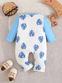 婴儿卡通兔子印花长袖连体衣，休闲连体衣 - 藍色 - 查看 2