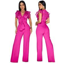 Women's Jumpsuit: Sexy V-Neck Sleeveless Solid Color - Tie-Waist Wide-Leg Pants - 黃色 - 查看 5