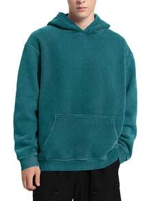 FAIABLE Mens Hoodies Oversized Unisex Wash Hoodie Heavyweight Fleece Vintage Cotton Sweatshirt Men Women Streetwear - 深青色 - 查看 2