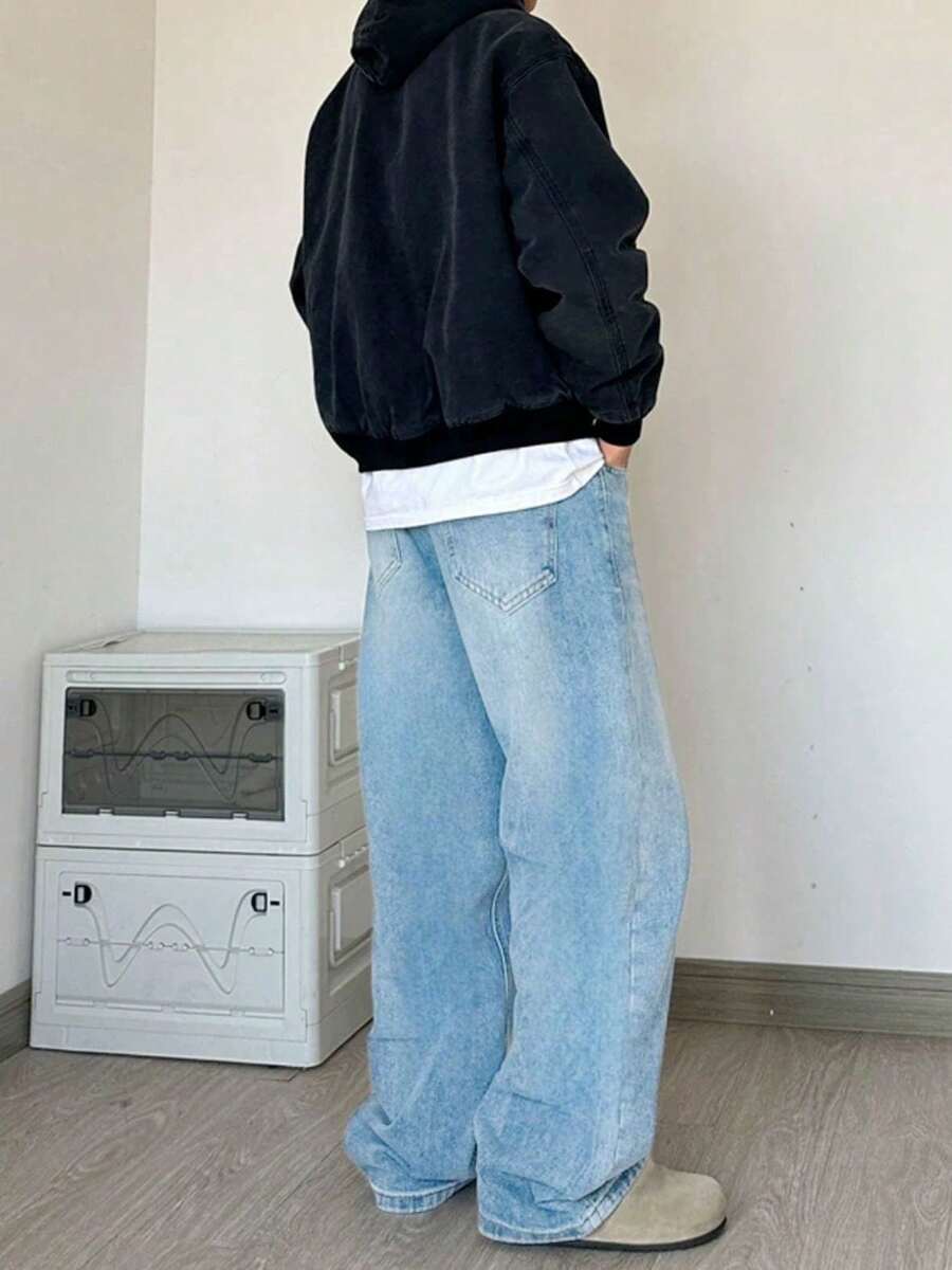 Baggy Jeans Wide Leg Straight Fit Carpenter Jeans UNISEX - 淺色水洗藍 - 查看 1