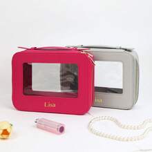 Customized Letters 1pc Colorful Portable PU Leather Cosmetic Case Graceful Life Travel Transparent Ladies Makeup Bag Clear TPU Water- Resistant Monogrammed Initial Letters Cosmetic Bag Women Toiletries Accessories Wash Bag Letter Multifunction, Versatile, Large Capacity, Lightweight, Functional, Foldable, Practical, All-Purpose Fashionable, Contracted, Minimalist, Preppy, Basics,Bags & Luggage,2025 Halloween Accessories,Essential For Daily Travel - Black - View 6