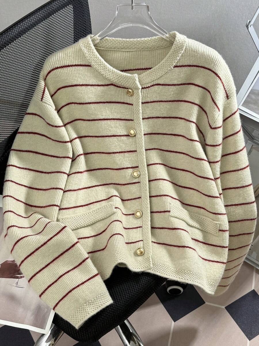 极简黑白条纹温柔开衫 - 紅色 - 查看 1