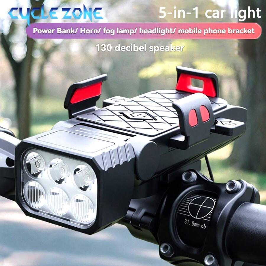 5-In-1 Bicycle Light: Rechargeable Power Bank, Horn, Fog Light, Front Light, Phone Holder, Suitable For Mountain Bikes, Lighting And Riding Gear