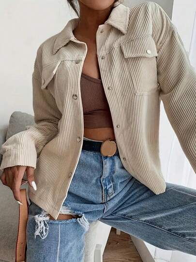 Chaqueta de manga larga con bolsillo y solapa de pana de unicolor para mujer, casual y luminosa