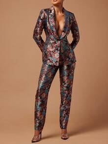 Valentine's Day, Date Night Outfit, Gifts For Her GLOURI Hot Pink Floral Jacquard Suit Set - Women's Long Sleeves Satin Blazer & Straight Leg Pants | Formal Wedding Guest Outfit For Red Carpet Events/Black Tie Galas (Designer Two-Piece & Pocket Details - màu nâu - Xem 1