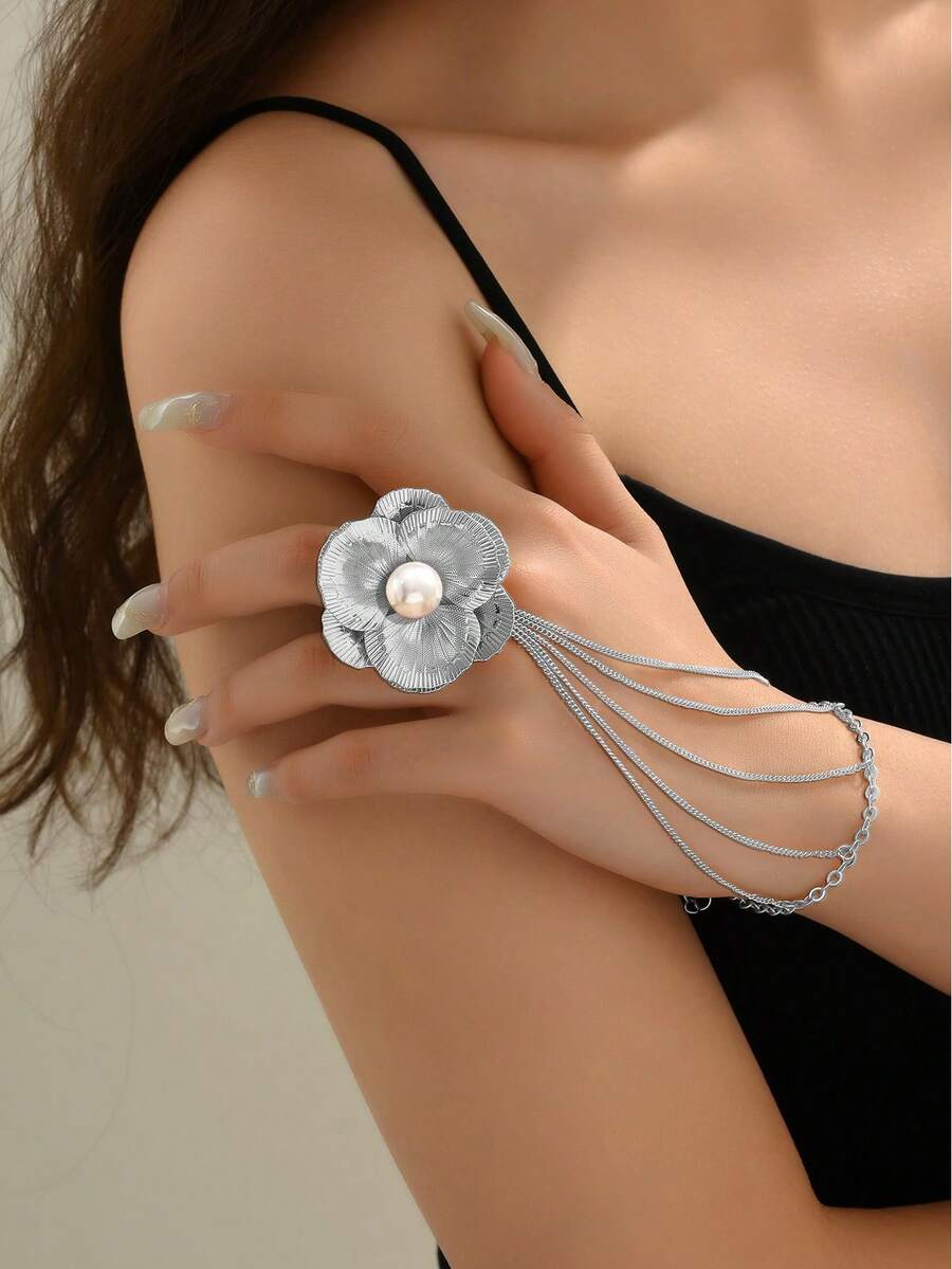 1件装3D花朵造型女士手套戒指，休闲优雅配饰 - 銀色 - 查看 1